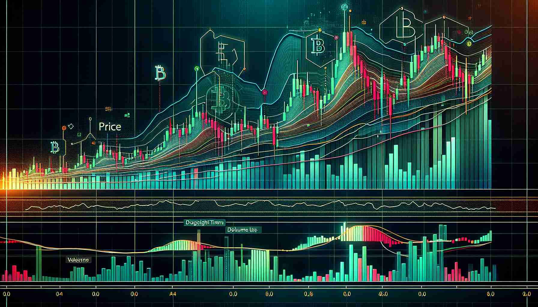 Generate a realistic, high-definition visualization of a Bitcoin price chart displaying a possible short-term surge juxtaposed against a backdrop of long-term decline. The chart should feature various elements such as indications of price highs and lows, volume bars, trend lines, and time axis. Additionally, incorporate vibrant colors for differentiation like green for upward trends, red for downward trends, and blue for overall price pattern. The picture should convey an attention to detail and professional look typical of financial analysis graphs.