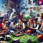 Generate a realistic, high-definition photo that represents the concept of 'Sports Connections: A New Challenge for Game Enthusiasts'. In this image, envision a multi-ethnic group of people, both men and women, engrossed in various sports-related games. They could be caught in the middle of intense discussions, analysis of game strategies, and friendly ribbing, all revolving around their shared love for diverse sports. Also include gaming consoles and sports equipment to signify the 'game enthusiast' aspect. The setting can be something like a vibrant fun-filled game room filled with posters of different sports and game-themed decoration to deliver a pleasant and enthralling ambiance.