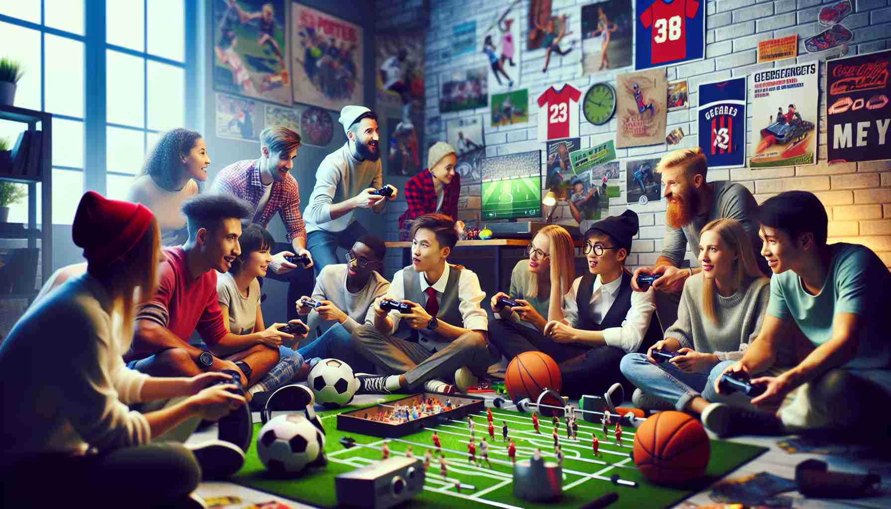 Generate a realistic, high-definition photo that represents the concept of 'Sports Connections: A New Challenge for Game Enthusiasts'. In this image, envision a multi-ethnic group of people, both men and women, engrossed in various sports-related games. They could be caught in the middle of intense discussions, analysis of game strategies, and friendly ribbing, all revolving around their shared love for diverse sports. Also include gaming consoles and sports equipment to signify the 'game enthusiast' aspect. The setting can be something like a vibrant fun-filled game room filled with posters of different sports and game-themed decoration to deliver a pleasant and enthralling ambiance.