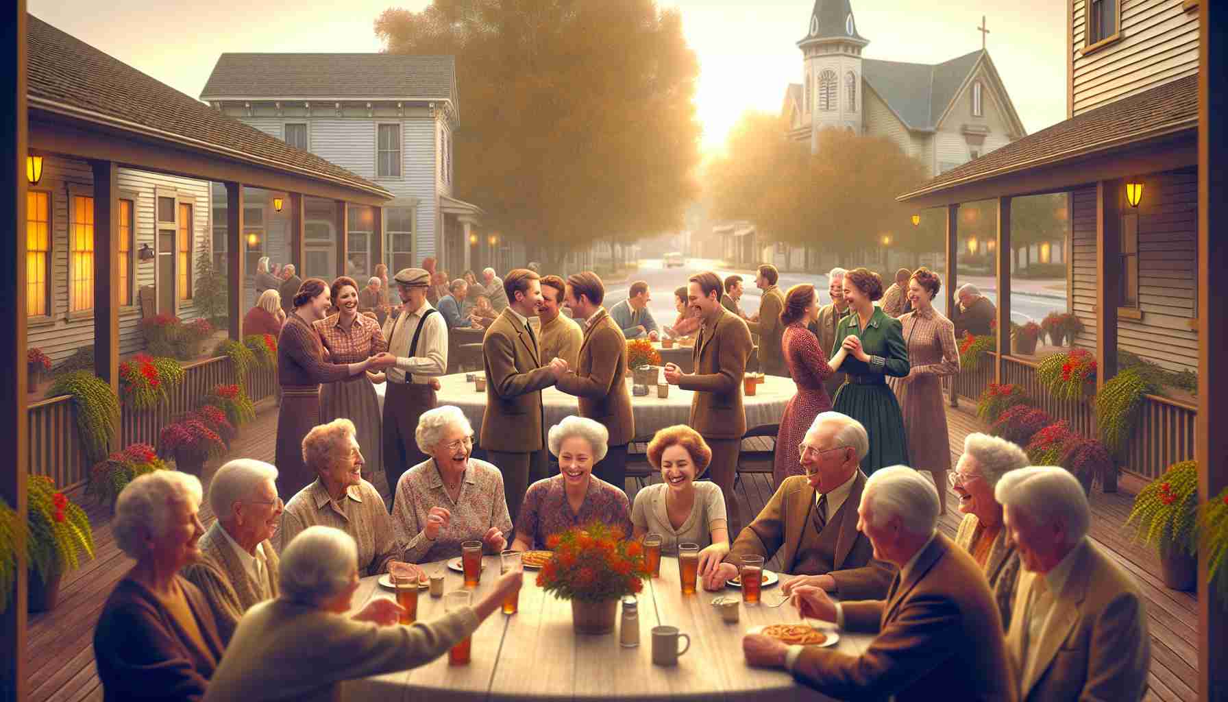 A high-quality, realistic image showing a nostalgic and celebratory reunion taking place in a typical community setting in Indiana. The scene captures a variety of individuals, of different genders and descents. They are all enjoying warm, intimate moments together, sparking a feeling of reminiscence and celebration. The background reveals the charming architecture and nature of Indiana, reinforcing the location and adding to the pleasing atmosphere.