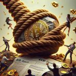 Generate an HD-quality, hyperrealistic image representing the concept of rising tensions within the Bitcoin community. The image should depict various visual metaphors for tension and conflict, like a tightly pulled rope ready to snap or a Boulder perched precariously at the edge of a cliff. Include elements related to Bitcoin, such as a golden physical Bitcoin coin or the Bitcoin logo. Also integrate the ECB report into the scene, possibly represented by a paper document with the ECB logo on it, heavily scrutinized by people. The image should evoke a sense of tension, unrest, and concern.