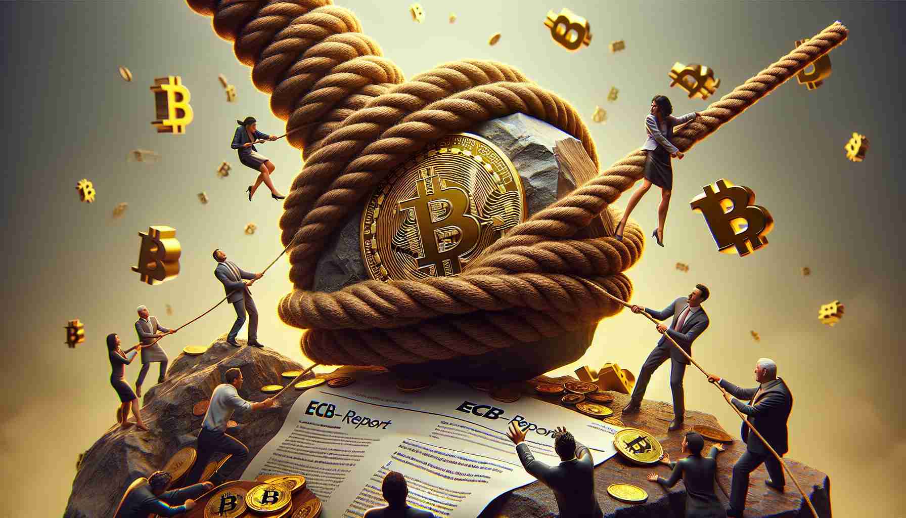 Generate an HD-quality, hyperrealistic image representing the concept of rising tensions within the Bitcoin community. The image should depict various visual metaphors for tension and conflict, like a tightly pulled rope ready to snap or a Boulder perched precariously at the edge of a cliff. Include elements related to Bitcoin, such as a golden physical Bitcoin coin or the Bitcoin logo. Also integrate the ECB report into the scene, possibly represented by a paper document with the ECB logo on it, heavily scrutinized by people. The image should evoke a sense of tension, unrest, and concern.