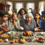 Create a high definition, realistic image of a Caucasian grandmother revealing hidden family artifacts at the Thanksgiving dinner table. The family members seated around the table react with astonishment. These family members include a Hispanic father, a Middle-Eastern mother, a Black teenage girl, and a South Asian boy. The dining table is covered with traditional Thanksgiving food, and the room is decorated with festive items. You can see emotions of surprise, shock, and intrigue on everyone's faces.