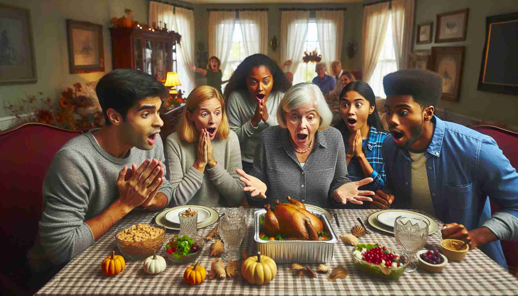 Create a high definition, realistic image of a Caucasian grandmother revealing hidden family artifacts at the Thanksgiving dinner table. The family members seated around the table react with astonishment. These family members include a Hispanic father, a Middle-Eastern mother, a Black teenage girl, and a South Asian boy. The dining table is covered with traditional Thanksgiving food, and the room is decorated with festive items. You can see emotions of surprise, shock, and intrigue on everyone's faces.