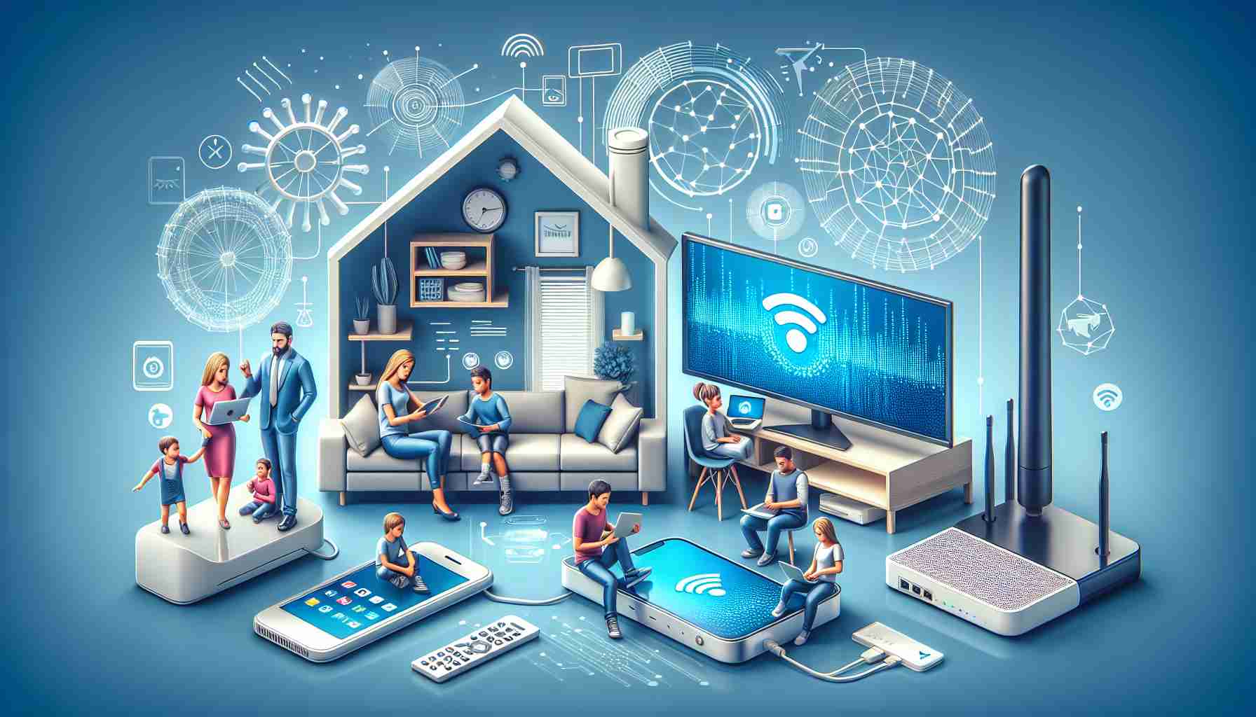 Generate a high definition, realistic image showcasing a modern household using a generic home internet service. The scene could include devices such as a router, a computer, a smart TV, and mobile devices using the service, and family members of different descents and genders engaged with these devices, symbolizing connectivity and modern living.