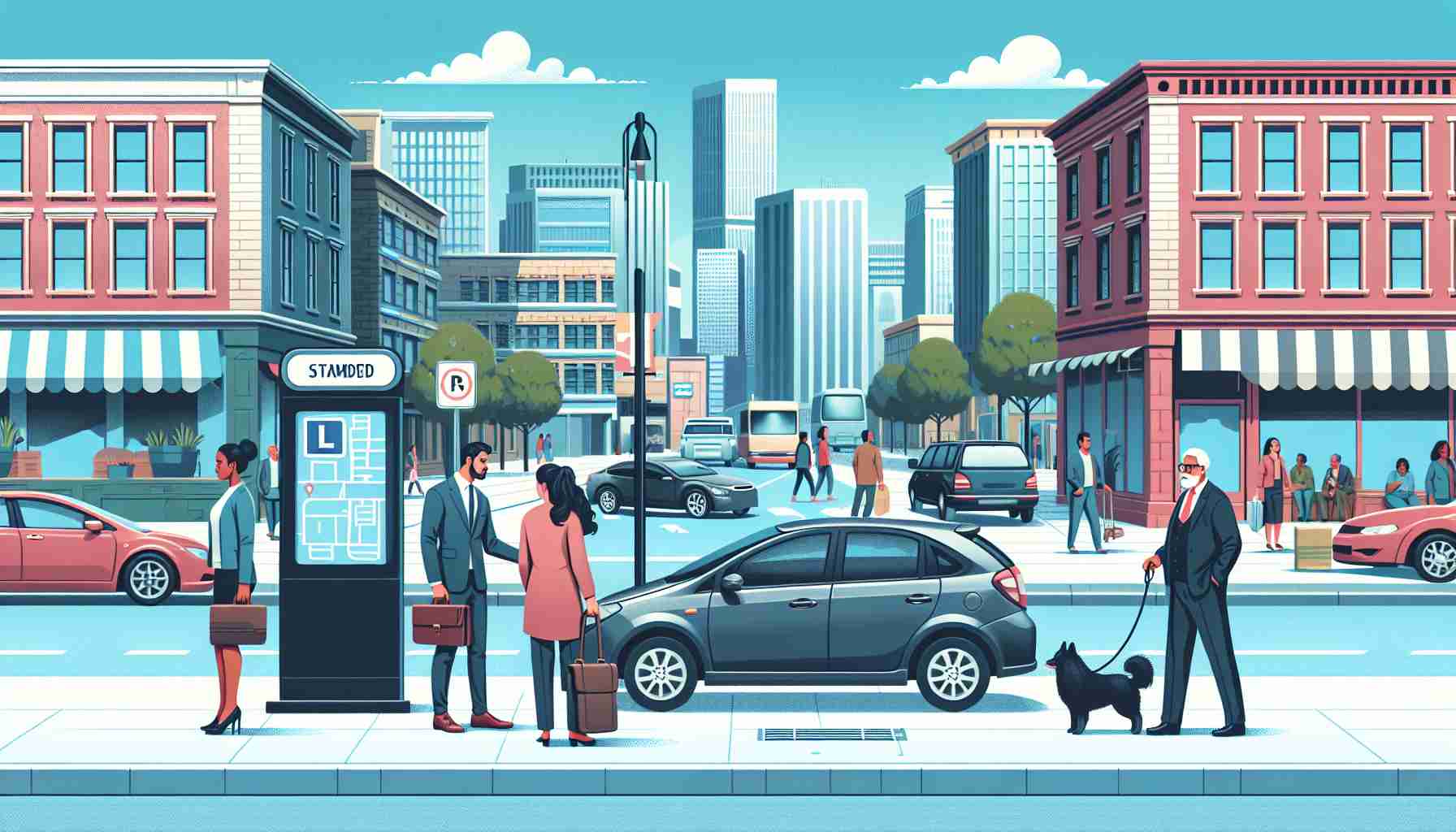 Generate an HD quality illustration showing a realistic scenario where a car is stranded without a parking spot. The car should be in a bustling city street during a busy daytime. There should be a diverse crowd of people walking past, including a South Asian woman in professional attire, a black man walking a dog, and a Middle-Eastern elderly man waiting at a nearby bus stop. Buildings, stores, and other city details should be in the background.