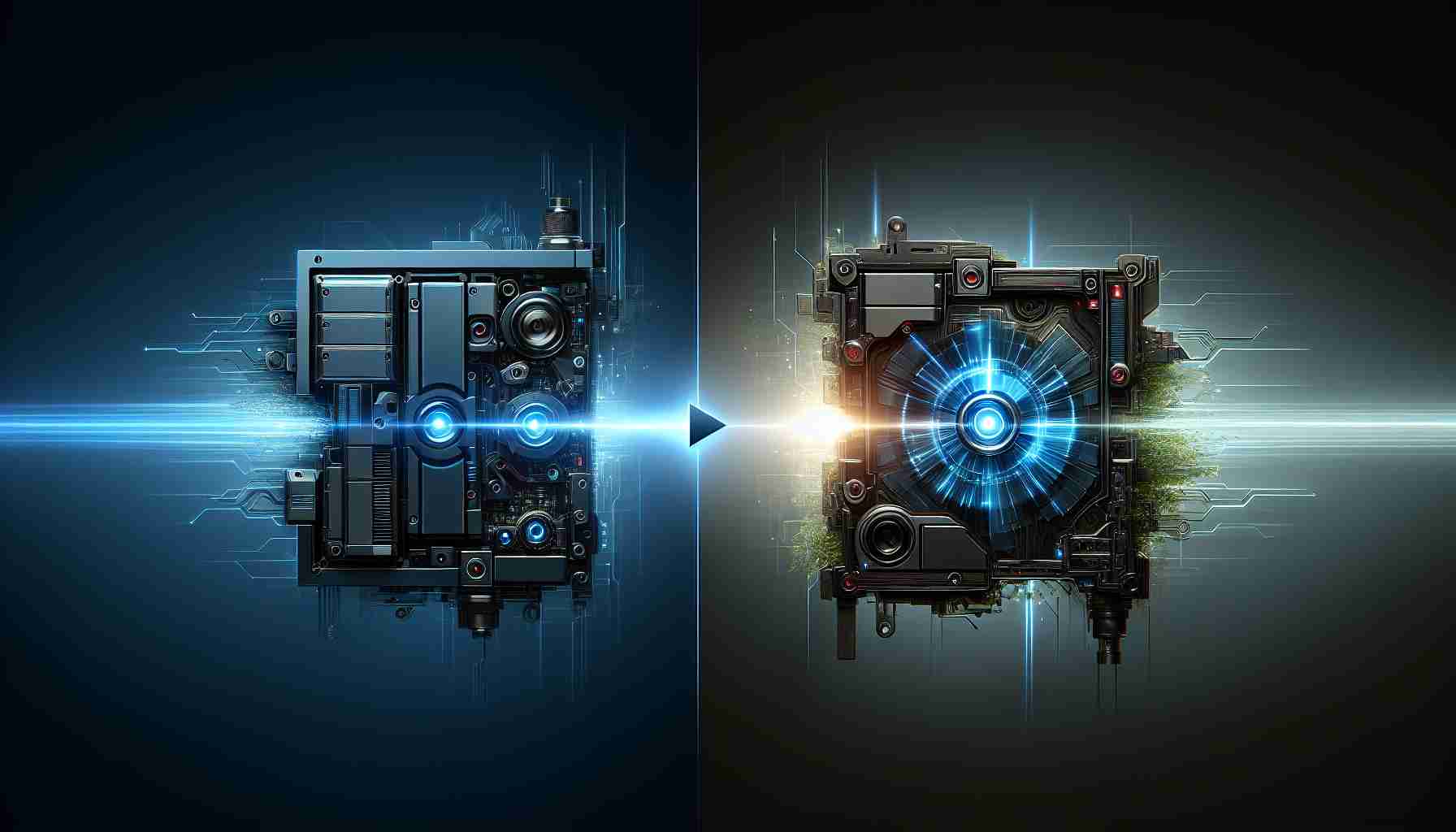 Generate a high-definition image showcasing the transition from a lighter blue advanced piece of technology labelled 'M1 Pro' to a darker shaded and larger advanced piece of technology labelled 'M4 Series'. In the image, the M1 pro should look effective but a bit outdated while the M4 Series should look highly innovative and futuristic. The transition should represent a remarkable progress in technology, complemented by a glowing backdrop that helps to emphasize the power and the complexity of the two pieces of technology.