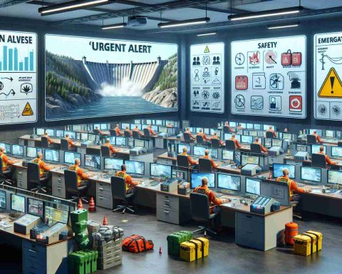 Generate a realistic HD image that portrays an 'Urgent Alert' situation involving a potential dam crisis. The scene should highlight various safety measures in place. This can include expressions of a control room filled with professionals monitoring the dam status on multiple screens, maps indicating the dam's structure, safety instructions on boards, emergency equipment like helmets, life-jackets, and flashlights neatly organized, and an evacuation plan with designated safe zones.