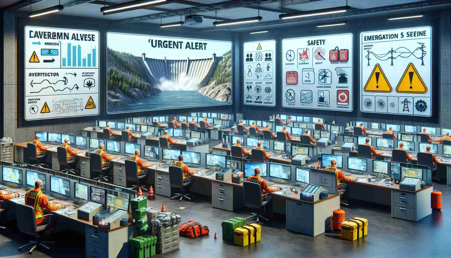 Generate a realistic HD image that portrays an 'Urgent Alert' situation involving a potential dam crisis. The scene should highlight various safety measures in place. This can include expressions of a control room filled with professionals monitoring the dam status on multiple screens, maps indicating the dam's structure, safety instructions on boards, emergency equipment like helmets, life-jackets, and flashlights neatly organized, and an evacuation plan with designated safe zones.