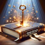 Illustration of a giant golden key unlocking a large book titled 'Affordable Web Hosting: What You Need to Know'. The book lies on a classic wooden table, surrounded by floating sparks of light, symbolizing the revelation of secrets. Everything is captured in a style resembling a high-definition photograph.