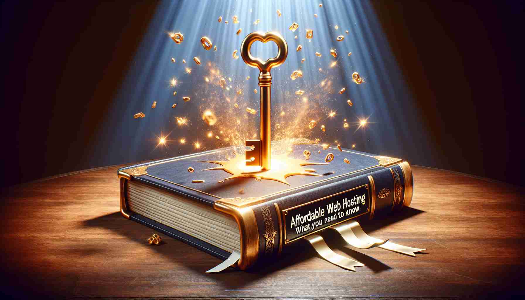 Illustration of a giant golden key unlocking a large book titled 'Affordable Web Hosting: What You Need to Know'. The book lies on a classic wooden table, surrounded by floating sparks of light, symbolizing the revelation of secrets. Everything is captured in a style resembling a high-definition photograph.