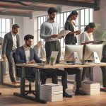 Realistic HD image of a diverse office environment where workers are using standing desks. The scene contains a Caucasian man checking his monitor, a Middle-Eastern woman discussing paperwork, a Hispanic man adjusting the height of his desk, a South Asian woman taking a stretch break from her standing desk, and a Black woman reevaluating her standing desk setup. There's a mixed sense of curiosity, skepticism, and satisfaction in the air, visually representing the ongoing evaluation and reevaluation of the standing desk trend.