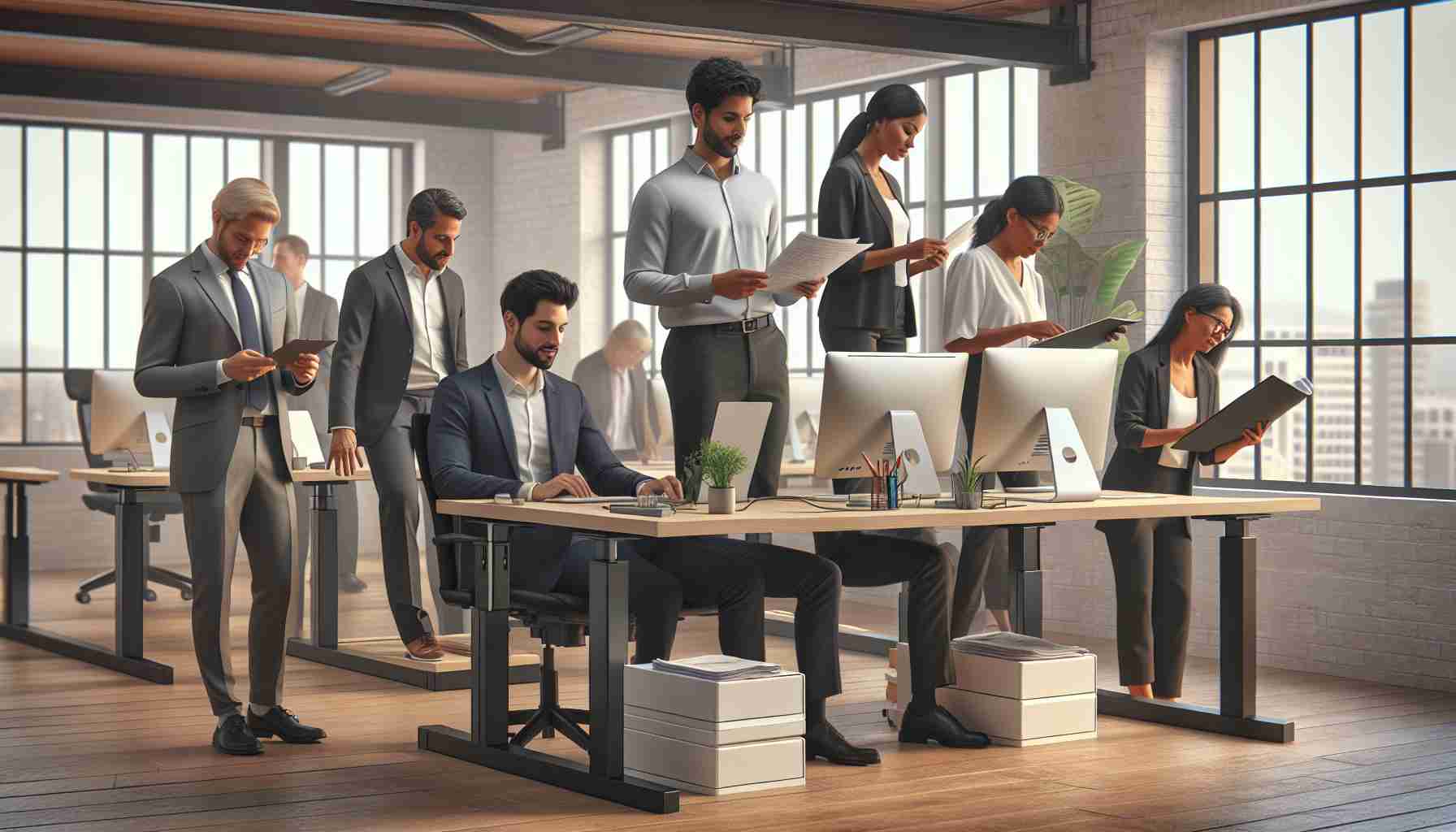 Realistic HD image of a diverse office environment where workers are using standing desks. The scene contains a Caucasian man checking his monitor, a Middle-Eastern woman discussing paperwork, a Hispanic man adjusting the height of his desk, a South Asian woman taking a stretch break from her standing desk, and a Black woman reevaluating her standing desk setup. There's a mixed sense of curiosity, skepticism, and satisfaction in the air, visually representing the ongoing evaluation and reevaluation of the standing desk trend.