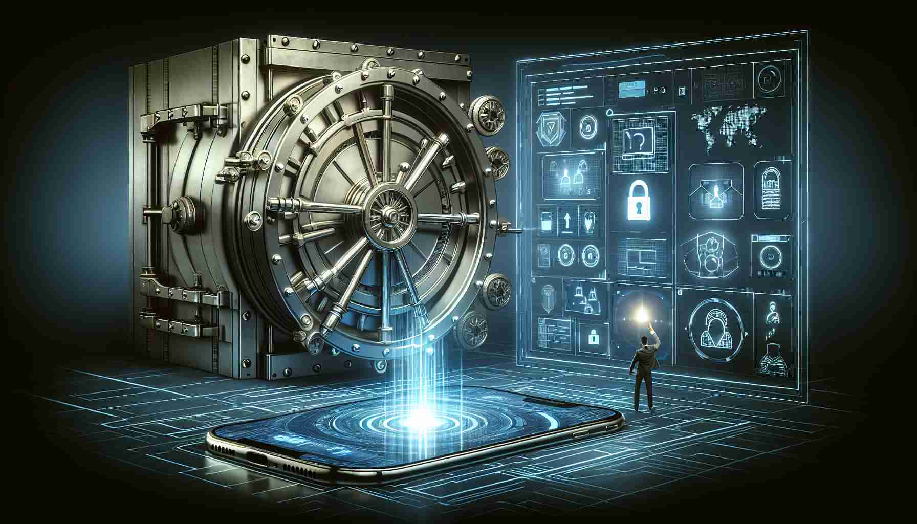 A high-definition, realistic illustration of an open vault door emblazoned with the symbol of a lock. The setting is a cool, sleek cyber security environment, featuring grids and digital elements symbolizing internet privacy. There's a light source coming from within the vault suggestive of hidden knowledge. On a hovering holographic interface in front, there's a mobile application with various privacy settings prominently displayed, and a professional, hands-on adjusting these settings. This depicts the concept of 'Unlocking the Secret to Managing App Privacy Like a Pro!'. Be sure to use modern color schemes and techniques for a tech-forward feel.