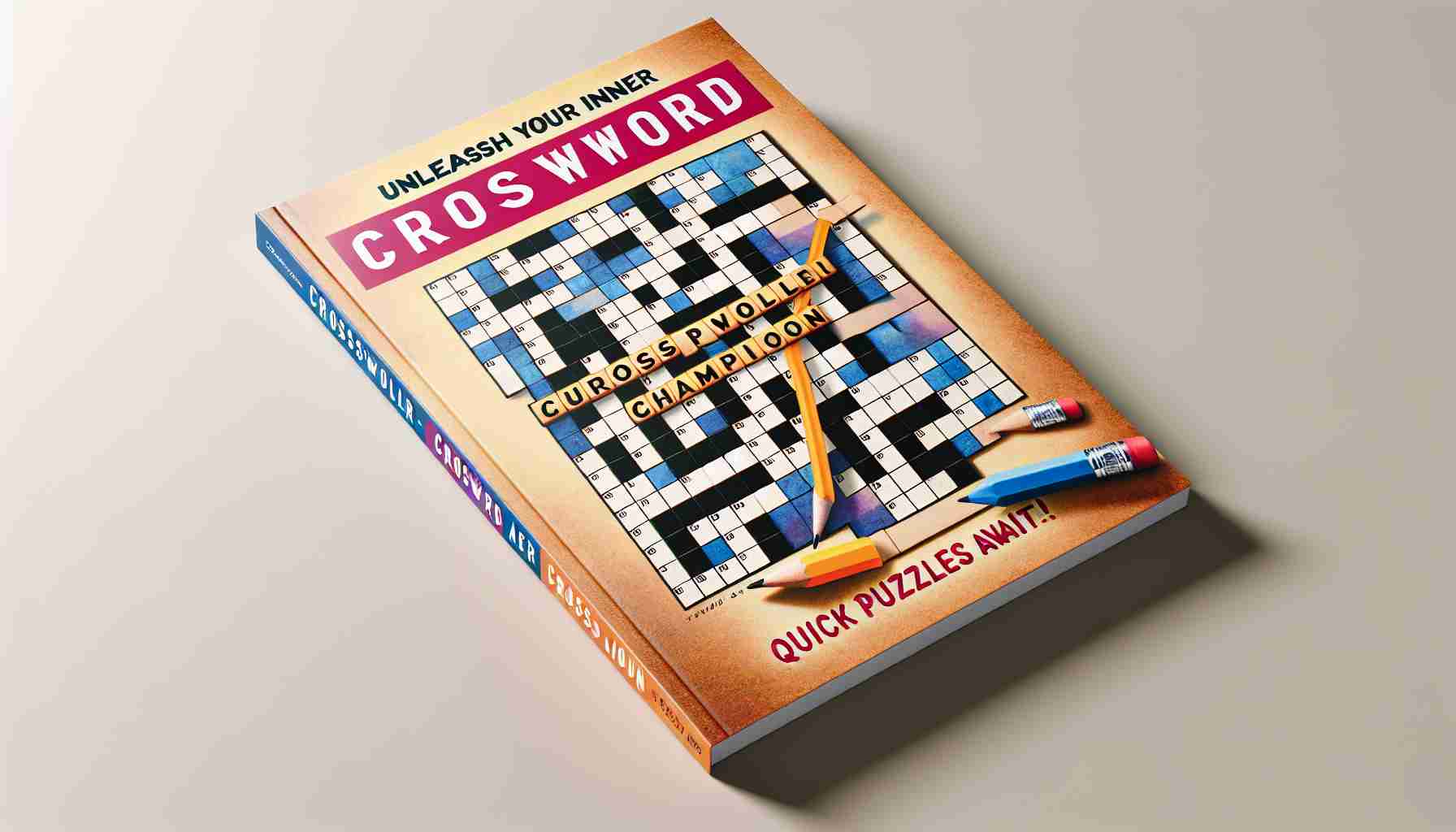 Generate a realistic high-definition image of the cover of a crossword puzzle book titled 'Unleash Your Inner Crossword Champion: Quick Puzzles Await!'. Set the tone as bright and engaging. The book cover should be visually striking with bold letters and colors. Perhaps include imagery of a crossword puzzle grid with a pencil or pen poised to fill in the blank squares, symbolizing the ready-to-solve puzzles inside.