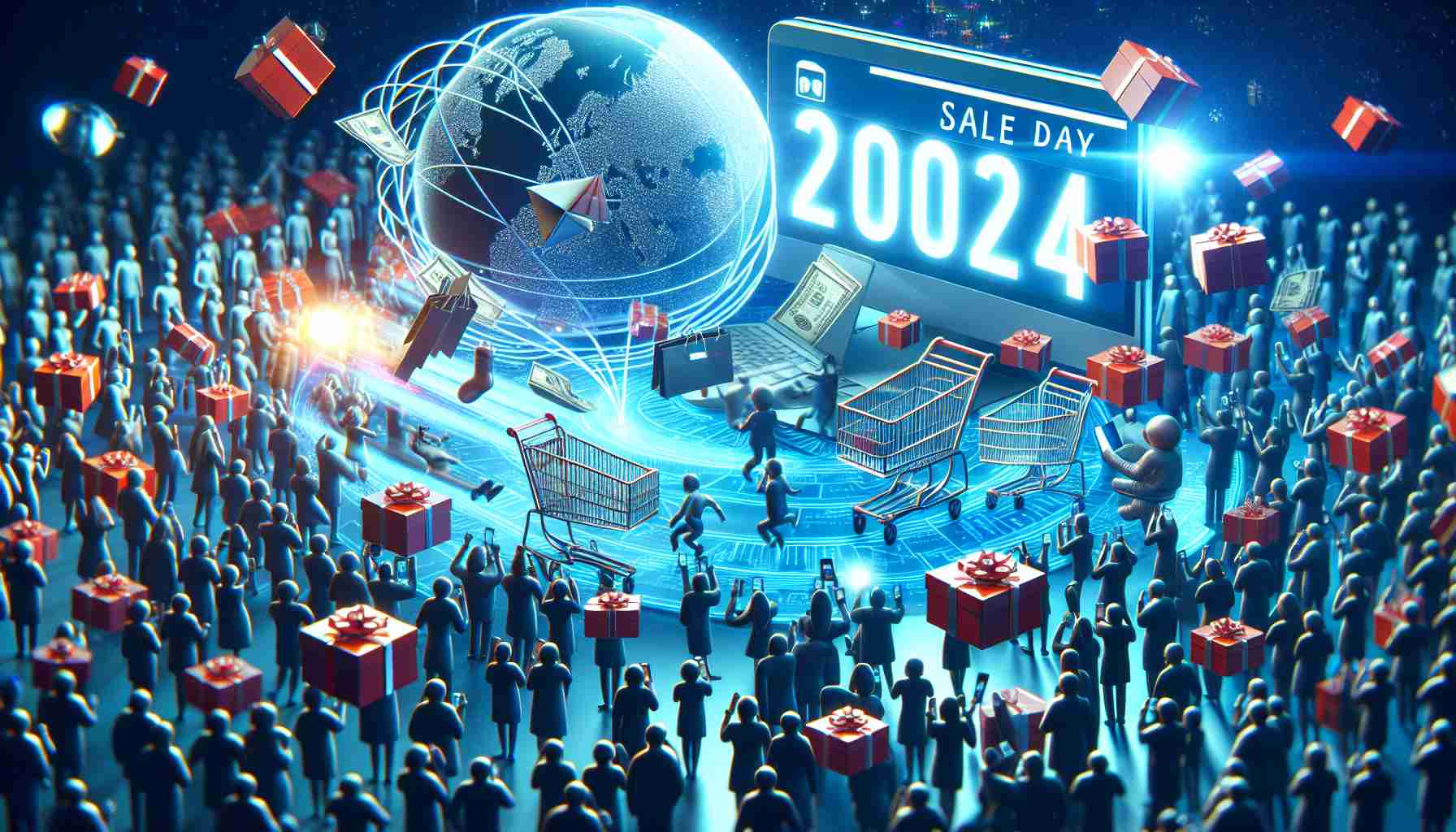 Conceptual image of a grand sale day in an e-commerce scenario, showing the excitement and enthusiasm of online shoppers, with the year 2024 displayed prominently.