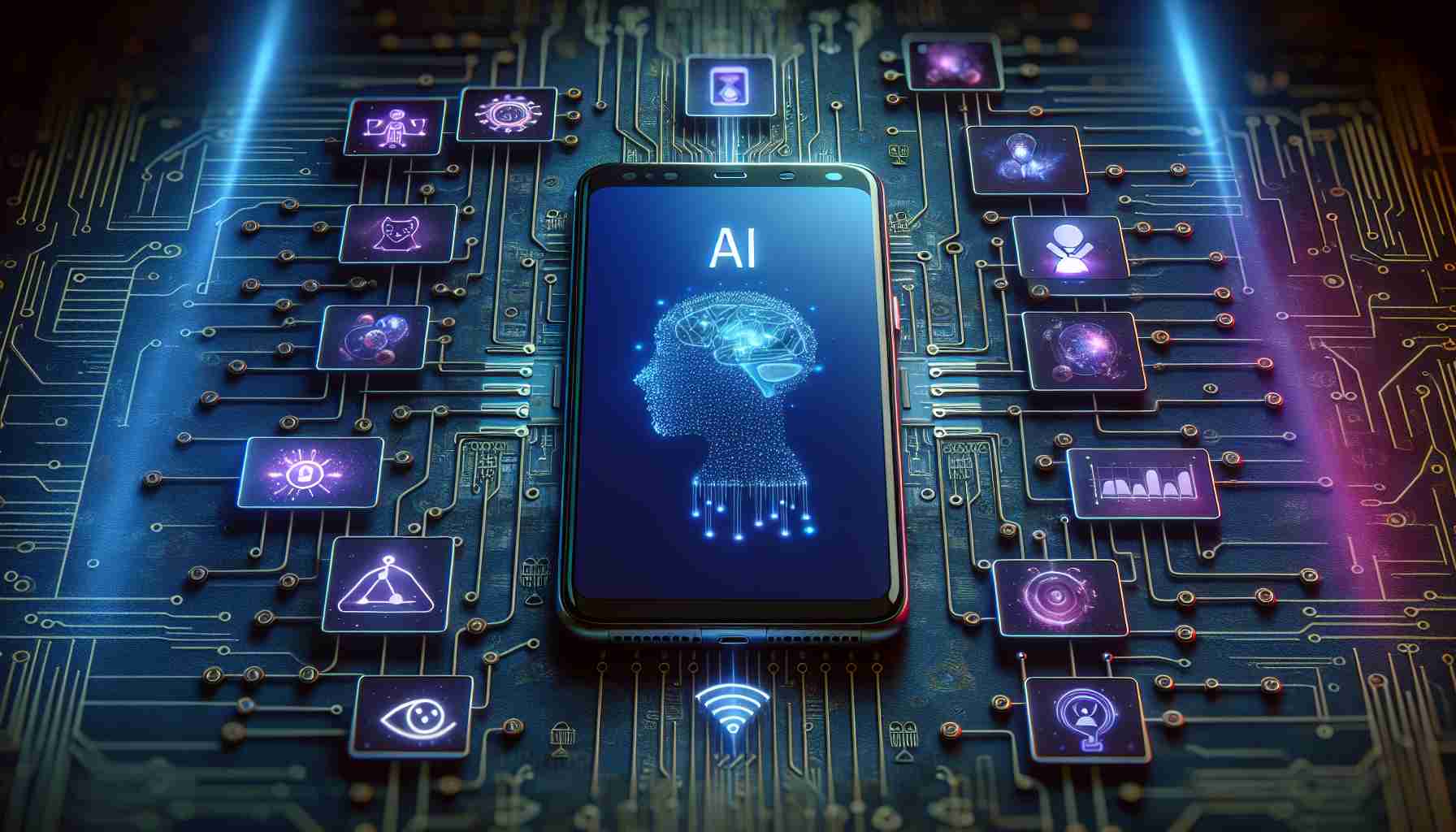 A high-definition, realistic image showcasing the rise of on-device AI in smartphones. Picture a smartphone with symbols and graphics on its screen representing Artificial Intelligence. Around it, small holographic projections depict AI functions like facial recognition, natural language processing, and voice recognition. The background is adorned with circuit imprints to indicate advanced computing. Please ensure that the picture symbolically demonstrates the increasing prominence of on-device AI in modern smartphones.