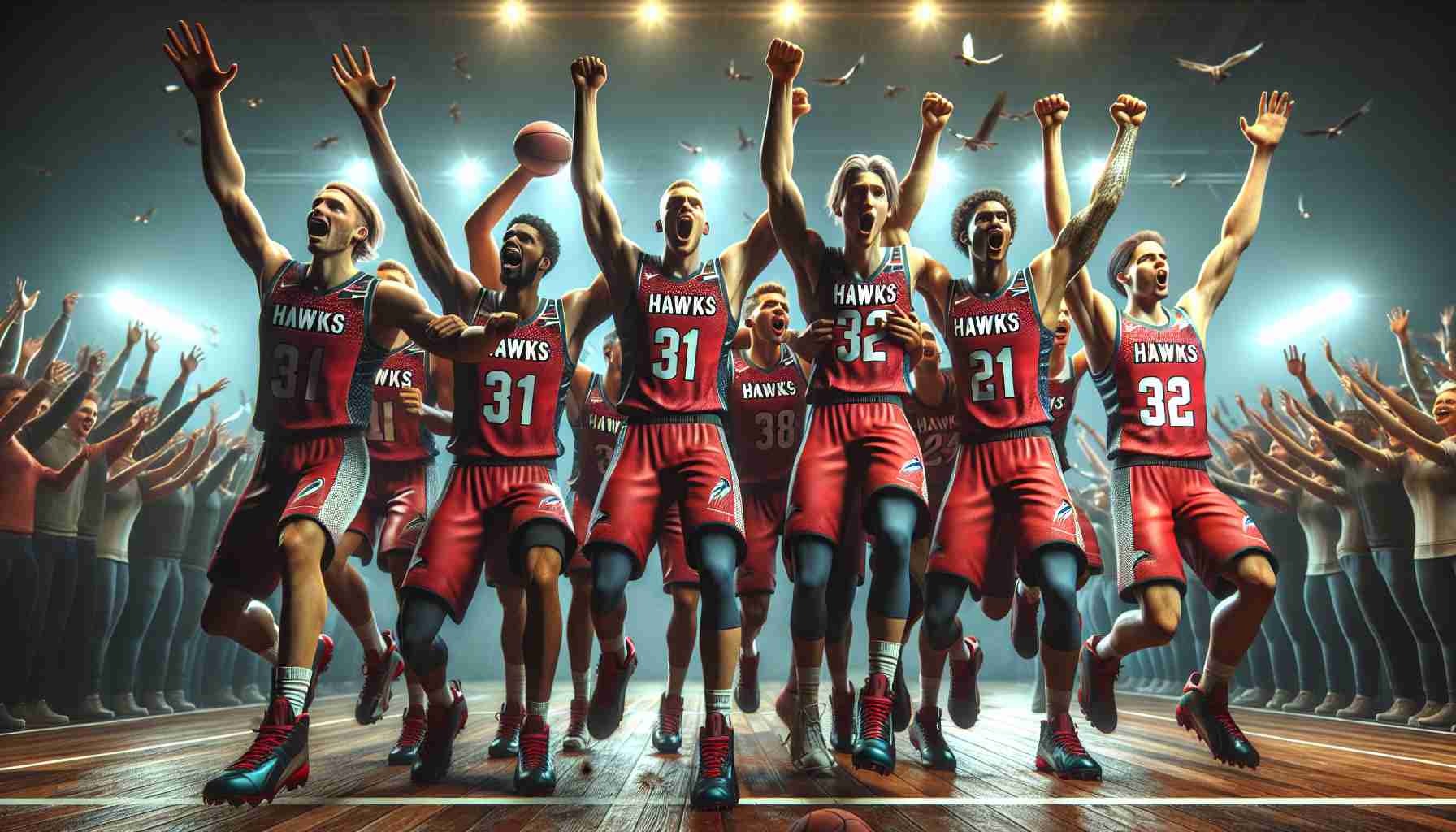 High-definition, realistic depiction of an exhilarating sporting moment: A team of athletes, known as the Hawks, celebrating their exceptional victory. Showcase their exuberance and team spirit as they rally after an unexpected underdog comeback on the opening night of their season. Show the competitors and spectators in awe of the rising stars, capturing the essence of triumph and camaraderie. Incorporate detailed elements such as the competitive field, uniforms, and emblems of the Hawks, but without associating with any real-world teams or individuals.