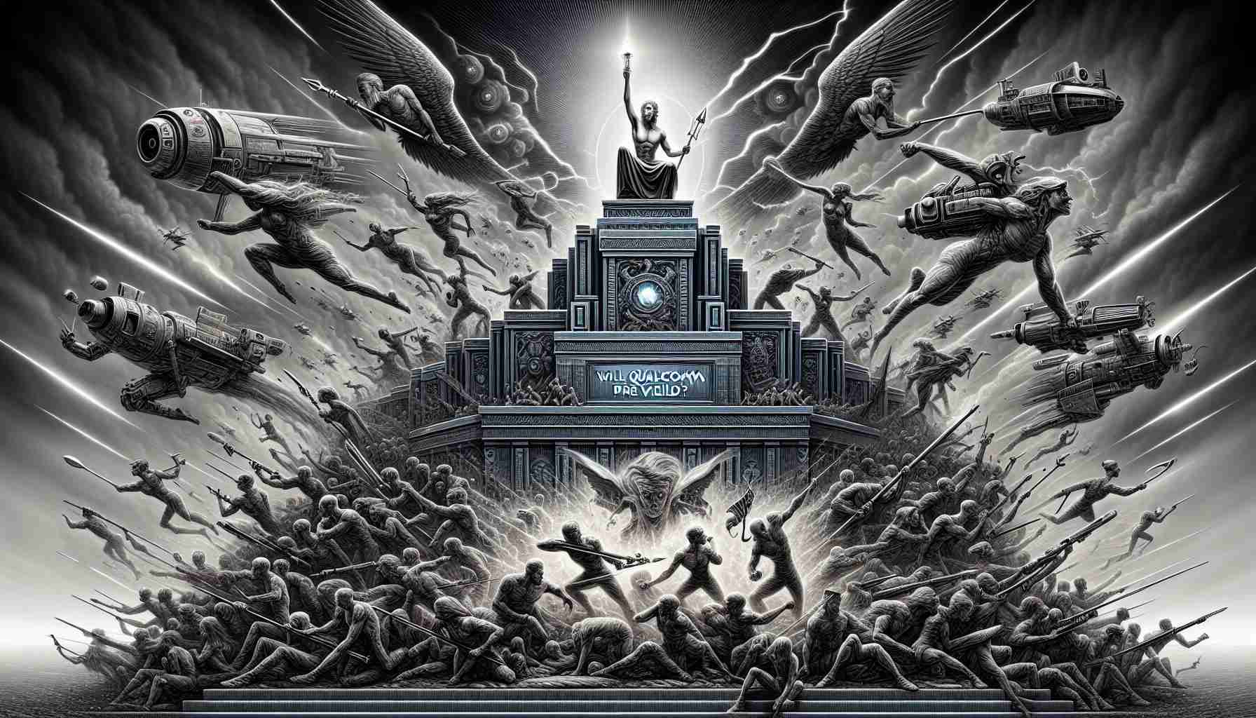 An intense and detailed illustration of a metaphorical event named 'The Battle for the Future of Tech'. It represents competing tech corporations as indistinct anthropomorphic figures wielding futuristic tools and weapons. In the center of the scene, a symbolic figure representing the spirit of innovation sits atop a monument, holding a banner with the text 'Will Qualcomm Prevail?'. The style of the image is structured with high definition and realistic tones.