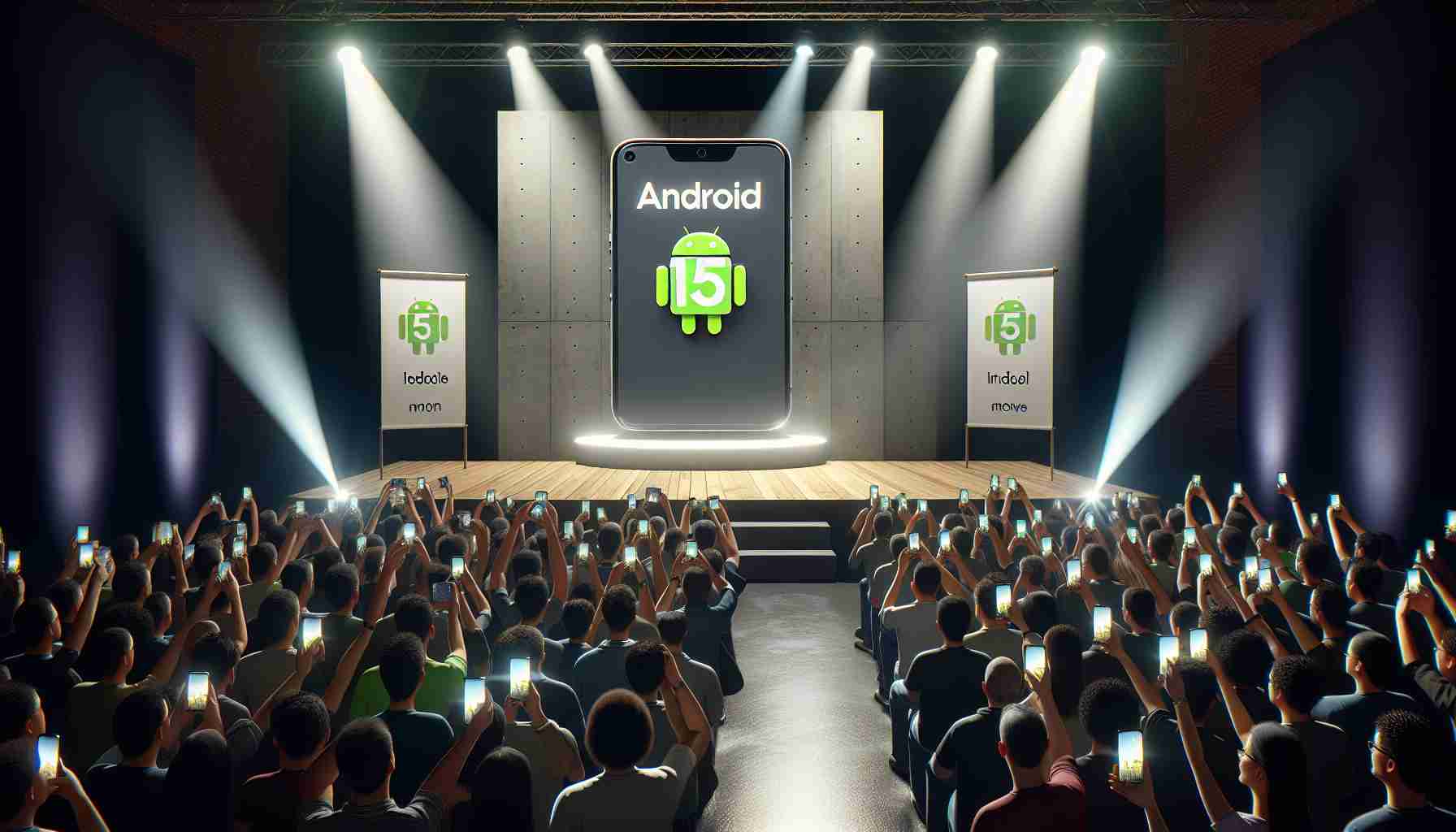 A highly detailed, realistic illustration of a launch event showcasing a hypothetical android device, designated as'Android 15'. The event is targeted towards early adopters, specifically users of Pixel smartphones. The scene includes banners and backdrop revealing the Android 15 logo, spotlights casting a dramatic illumination and the excited audience holding their Pixel phones, eagerly waiting for the demonstration.