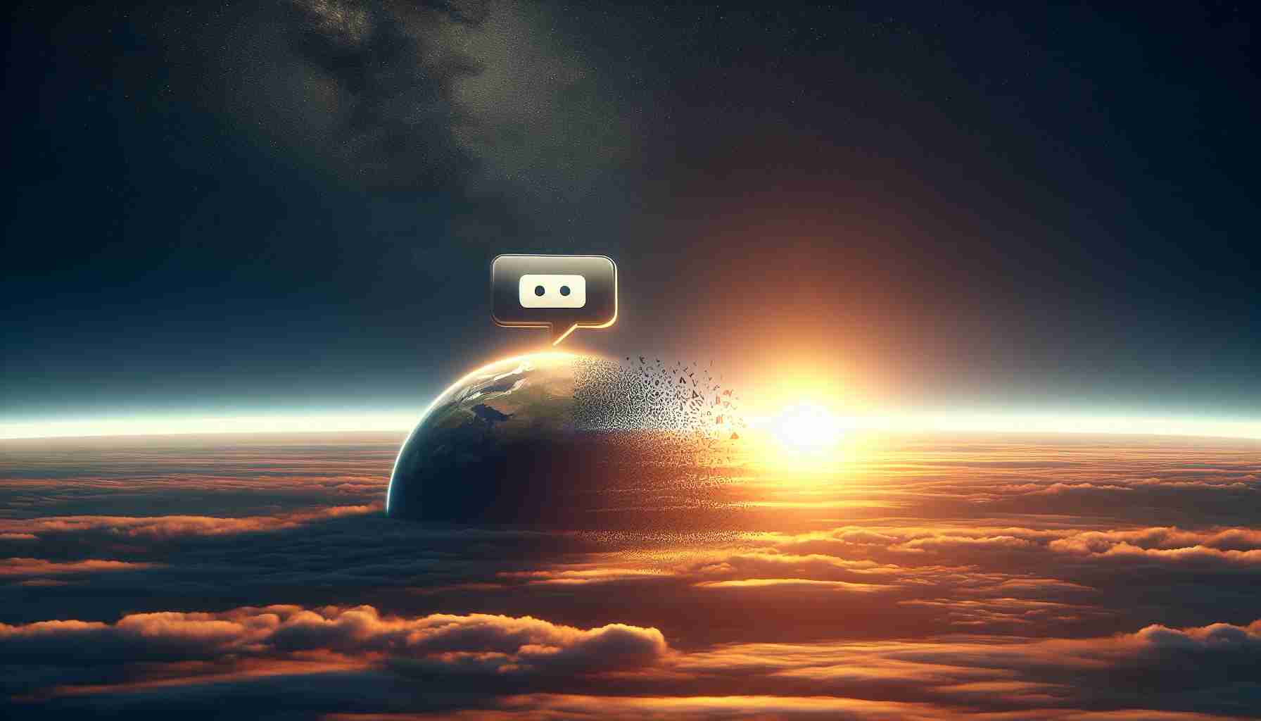 A high-definition, realistic representation of the metaphor 'End of an Era'. Visualize an old application symbolized by a setting sun over a vast digital landscape, gradually being replaced by a new dawn on the horizon representing the new application. To make the concept clear, create a digital interface hovering in the sky, displaying a messaging application icon slowly fading away while another icon emerges, signifying the transition from an old to a new application.