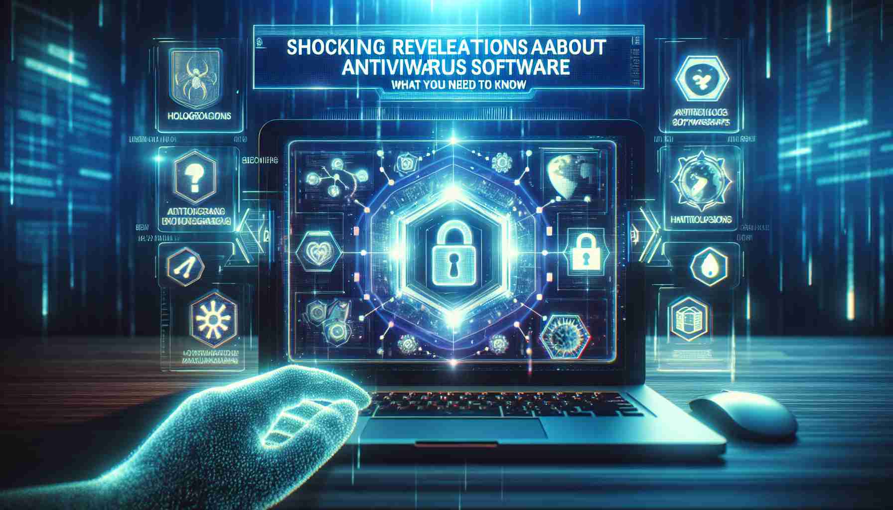 Generate a realistic HD picture featuring the title 'Shocking Revelations About Antivirus Software: What You Need to Know'. A digital setting is preferred with holographic imagery that highlights a computer with antivirus software being analyzed. Also present crucial symbols related to security and protection, adding to the intensity and significance of the revelation. Maintain suspense and intrigue, conjuring a sense of drama and urgency.