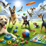 Create a realistic high-definition image representing the joy of dogs playing. The scene should feature a wide grassy field under a bright blue sky, with a variety of dog breeds enjoying different toys. Include a Labrador happily fetching a frisbee, a Beagle playfully pouncing on a squeaky ball, and a German Shepherd creatively solving a puzzle toy. Please ensure it embodies the spirit of 'Unleash the Fun: Discover the Ultimate Dog Toys!'.