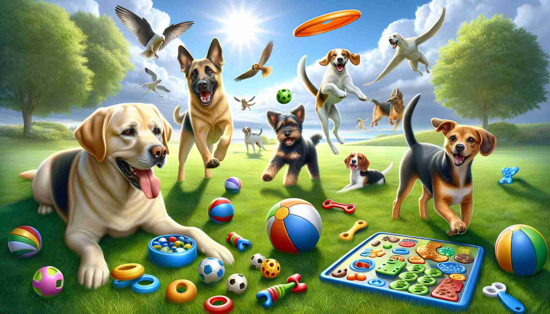 Create a realistic high-definition image representing the joy of dogs playing. The scene should feature a wide grassy field under a bright blue sky, with a variety of dog breeds enjoying different toys. Include a Labrador happily fetching a frisbee, a Beagle playfully pouncing on a squeaky ball, and a German Shepherd creatively solving a puzzle toy. Please ensure it embodies the spirit of 'Unleash the Fun: Discover the Ultimate Dog Toys!'.