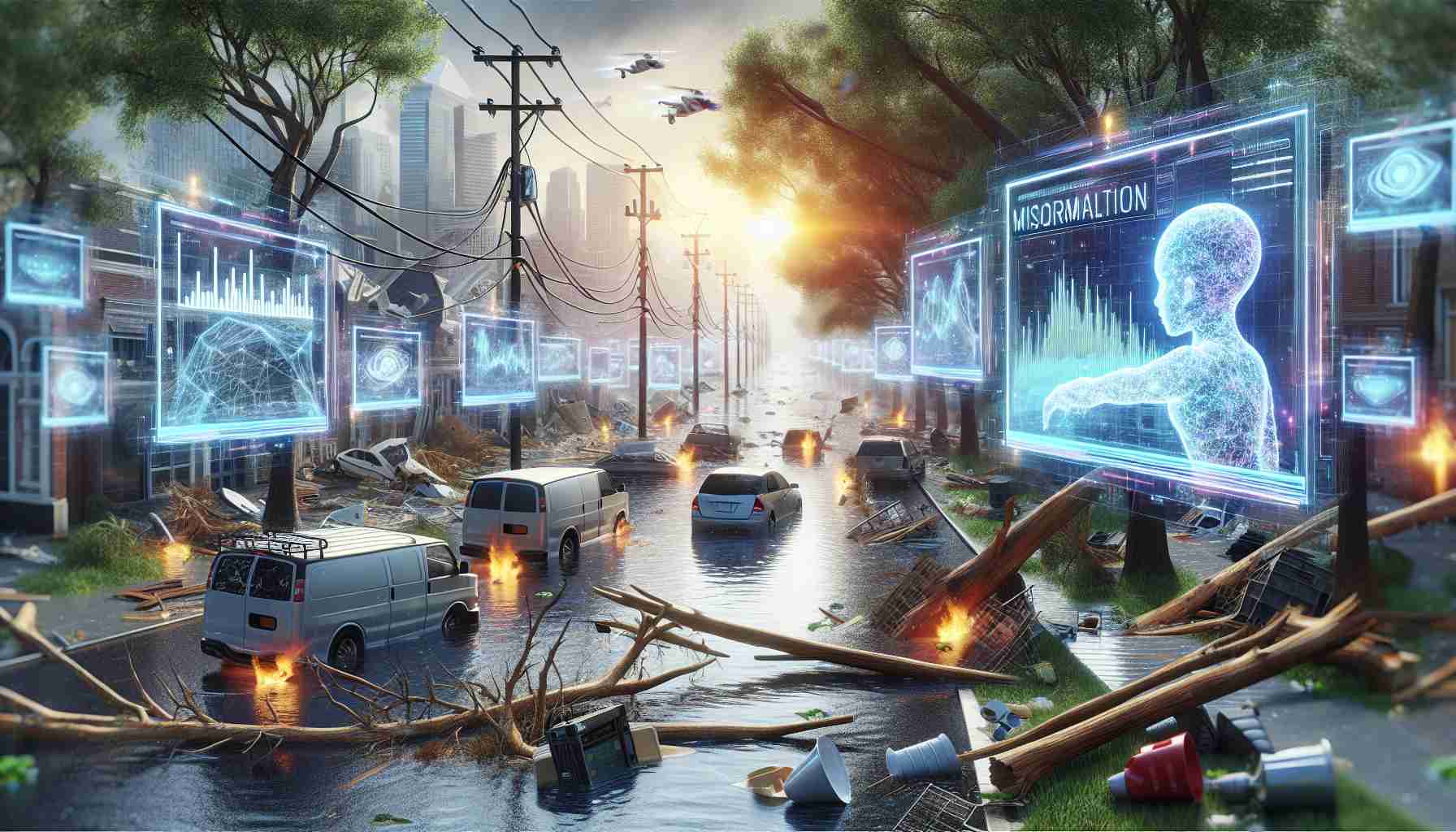 Realistic high-definition image set in the aftermath of a severe storm, denoting the spread of misinformation related to artificial intelligence. Depict scenes of storm damage and digital displays or artifacts to represent the AI and misinformation elements. The storm, dubbed 'Hurricane Milton,' could be represented by fallen trees, flooded streets, or stranded vehicles, while the spread of AI-generated misinformation could be symbolized by floating holographic screens displaying false news or statements.