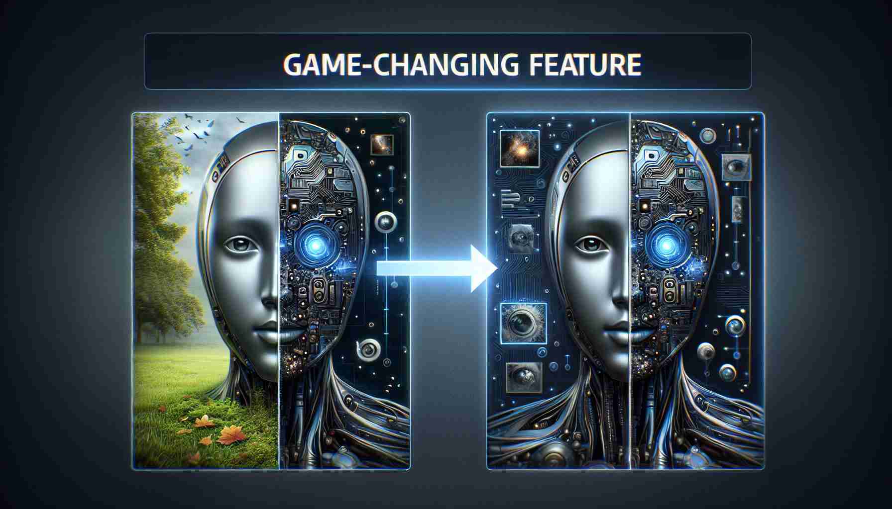 Realistic high-definition image representing the concept of a transforming feature in technology. Depict a comparison between two photographs, one natural and the other edited using advanced artificial intelligence algorithms. Incorporate elements that symbolize the transformative power of AI in enhancing the quality and aesthetics of pictures. Visual cues for 'Game-Changing Feature' could include groundbreaking tech inventions or breakthrough innovations.