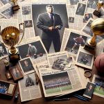 Create a realistic, high-definition scene depicting the unfolding story of a towering figure in sports coaching. Show a variety of newspaper clippings, trophies, and photos scattered across a wooden desk. The clippings should detail both triumphs and controversies in the career, displaying the multifaceted journey this individual has taken. Trophies hint at undeniable success, while photos capture different chapters of their tenure as a coach. Include a few sports equipment in the scene related to the specific sport this figure was involved with.