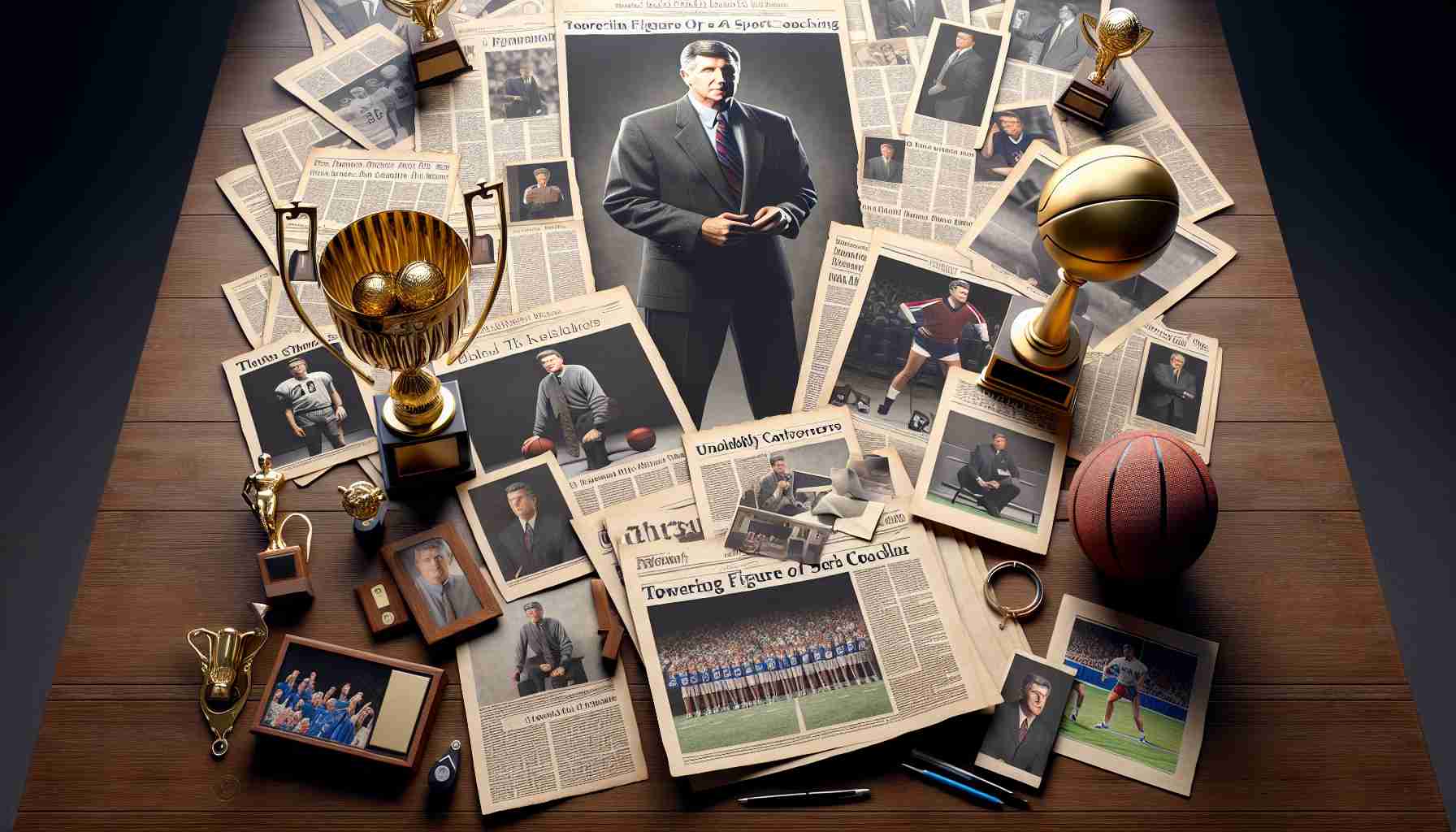 Create a realistic, high-definition scene depicting the unfolding story of a towering figure in sports coaching. Show a variety of newspaper clippings, trophies, and photos scattered across a wooden desk. The clippings should detail both triumphs and controversies in the career, displaying the multifaceted journey this individual has taken. Trophies hint at undeniable success, while photos capture different chapters of their tenure as a coach. Include a few sports equipment in the scene related to the specific sport this figure was involved with.