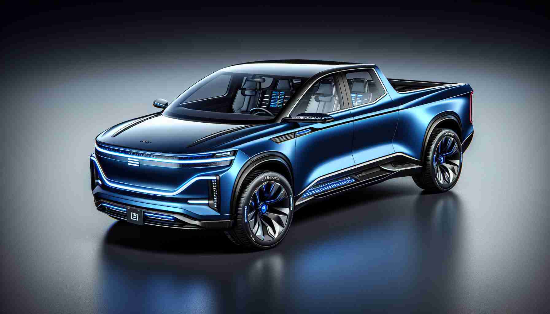 High-definition, realistic image of an innovative electric pickup truck, the concept of a futuristic model imagined for the year 2025. The truck features cutting-edge design elements typical for this kind of vehicle made by an unnamed American automobile manufacturer. Characteristics include sleek lines, an aerodynamic build, eco-friendly features like solar panels and a charging port, and advanced technology within the cabin. The color should be a royal blue to represent the forward-thinking and eco-conscious nature of electric vehicles.