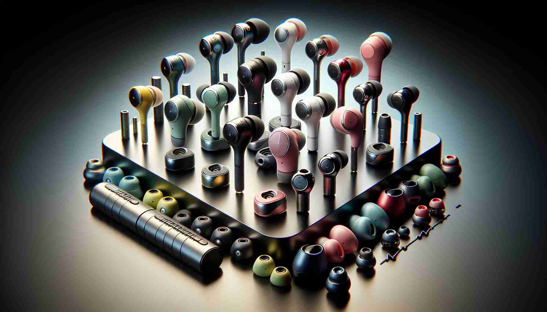 A highly detailed, realistic image showcasing the latest innovations in open earbud technology. The scene should include a variety of earbuds arranged on a sleek, modern surface. Each earbud should uniquely demonstrate different advancements, such as improved ergonomic design, lightweight construction, advanced noise cancellation capabilities, or enhanced battery life. The earbuds could range in color from vibrant hues to metallic tones to monochromatic selections. The background should be simple yet elegant, allowing viewers to focus primarily on the earbuds themselves. Additionally, give a hint of the high-definition audio quality they deliver, perhaps via sound waves or a visual representation of music.