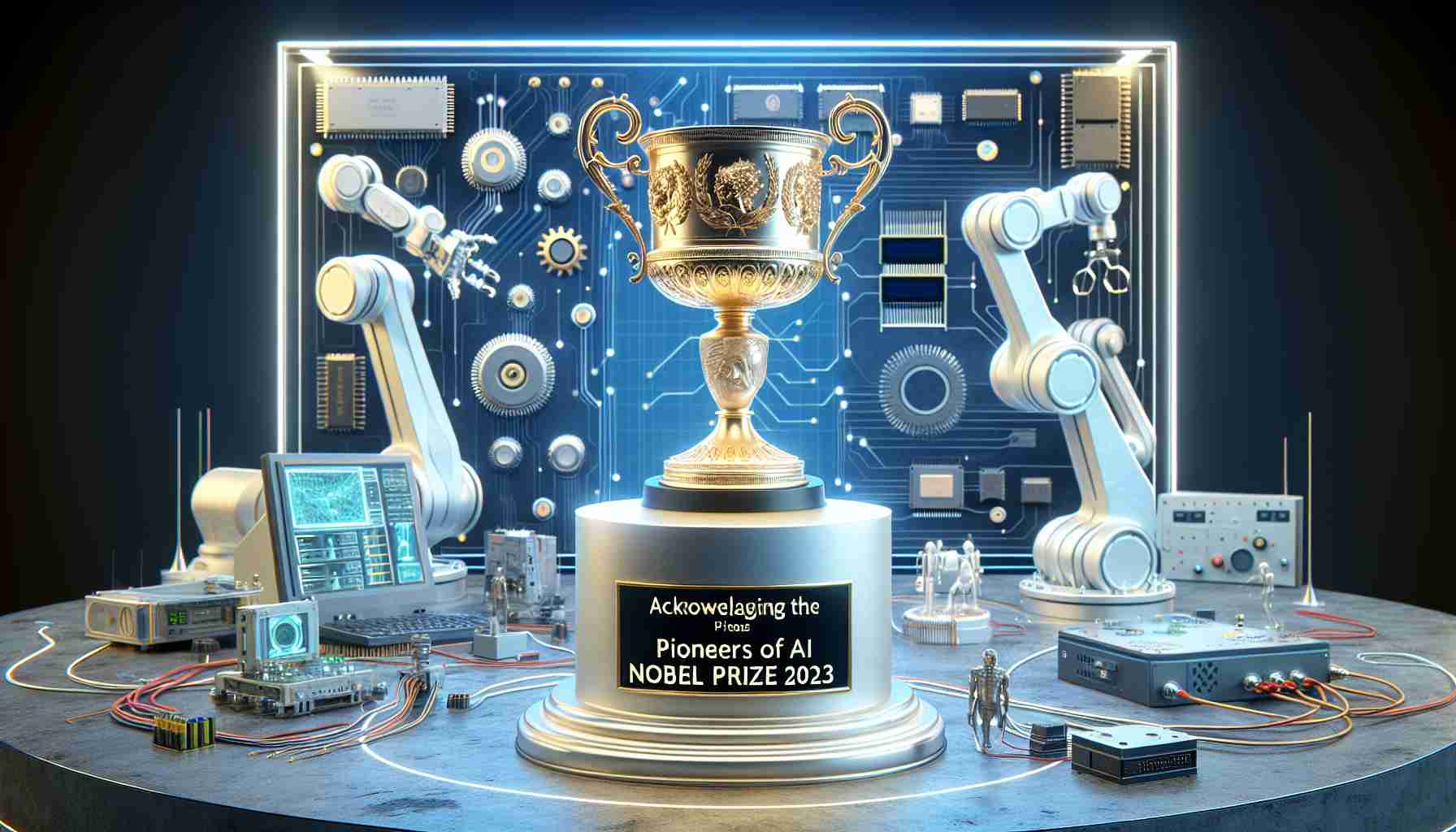 A realistic high-definition image showcasing an unfilled trophy indicative of the Nobel Prize, placed on a pedestal with a backdrop of various AI driven equipment such as robotic arms and computer chips. Please also add a decorative banner with the inscription 'Acknowledging the Pioneers of AI: Nobel Prize Winners 2023'.