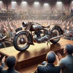 A hyper-realistic, high-definition illustration showcasing an exciting scene from an auction where a vintage motorcycle is being sold at a shockingly high price. The scene takes place in a packed room full of avid collectors and enthusiasts. The motorcycle is a visual marvel of antiquity, rusted and weathered but still sparkling with the charm and elegance of a bygone era. It's on the stage ready for auction, and everyone's excitement is palpable as the auctioneer announces the surprising price, leading to gasps of amazement across the room.