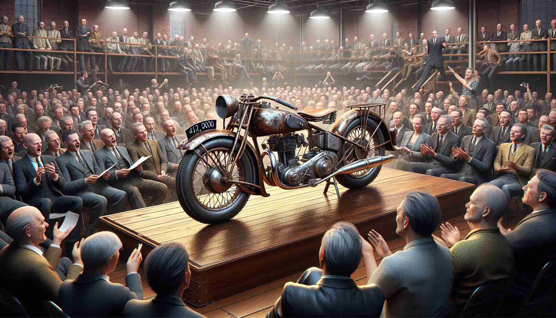 A hyper-realistic, high-definition illustration showcasing an exciting scene from an auction where a vintage motorcycle is being sold at a shockingly high price. The scene takes place in a packed room full of avid collectors and enthusiasts. The motorcycle is a visual marvel of antiquity, rusted and weathered but still sparkling with the charm and elegance of a bygone era. It's on the stage ready for auction, and everyone's excitement is palpable as the auctioneer announces the surprising price, leading to gasps of amazement across the room.