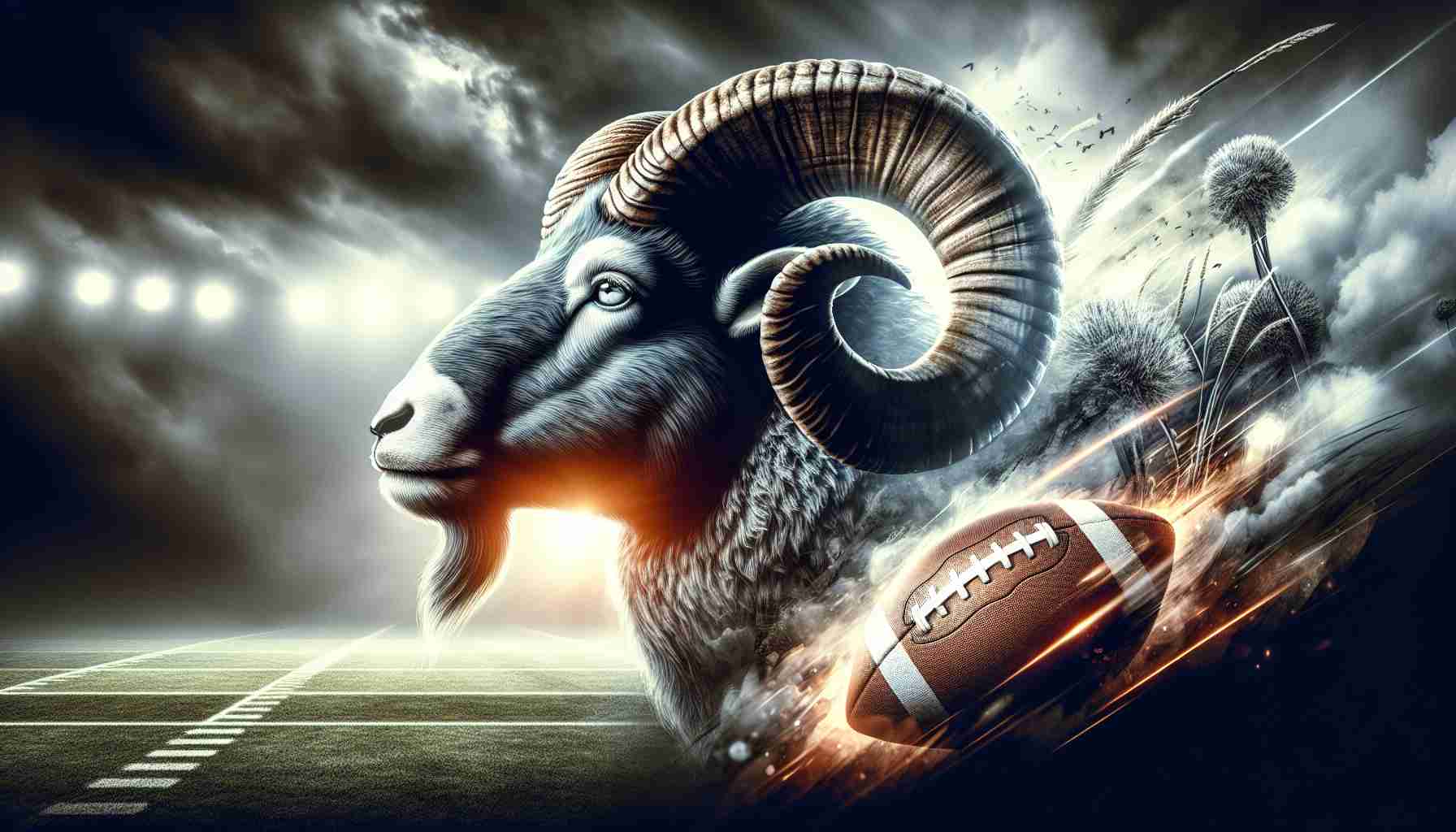 A realistic and high-definition illustration of a powerful ram's face turned towards the viewer. The ram is depicted as if it's readying itself for a crucial showdown, reflecting determination and resolve. The scene also includes elements that metaphorically hint towards the pivotal point of a sports season, such as the atmosphere of a changing season or a football field bathed in dramatic lighting.