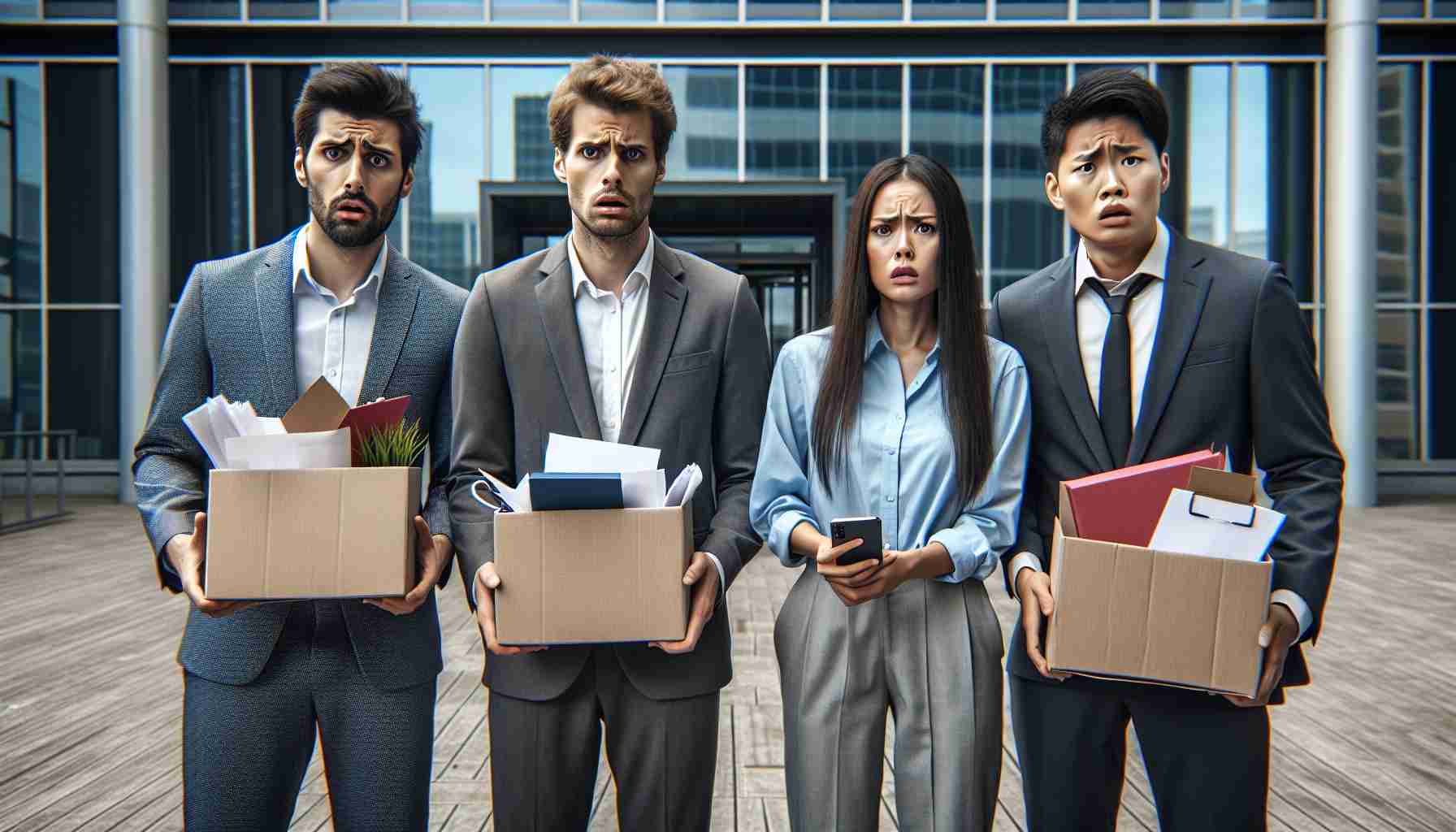 Realistic high-definition image of employees from a major technology company expressing disappointment and frustration after losing their jobs due to misuse of meal credits. The employees include a Caucasian man, an Asian woman, and a Middle-Eastern man. They are standing outside of a modern office building, each holding a box of personal items. There's a sense of shock and disarray in their expressions, while also determination for their futures.