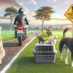 Generate a photo-realistic image in high definition showcasing a scene that articulates the risks of motorcycle travel with pets. Please include a motorcycle in the foreground with a warning signal that represents the risks. Depict in the background a happy and healthy cat and dog walking in a safe environment such as grass field, to indicate the contrast of safety away from motorcycles. Emphasize the potential hazards such as lack of proper safety equipment like a protective pet carrier or safety harness, the difficulty in maintaining balance with a pet on board, and potential distraction to the rider.