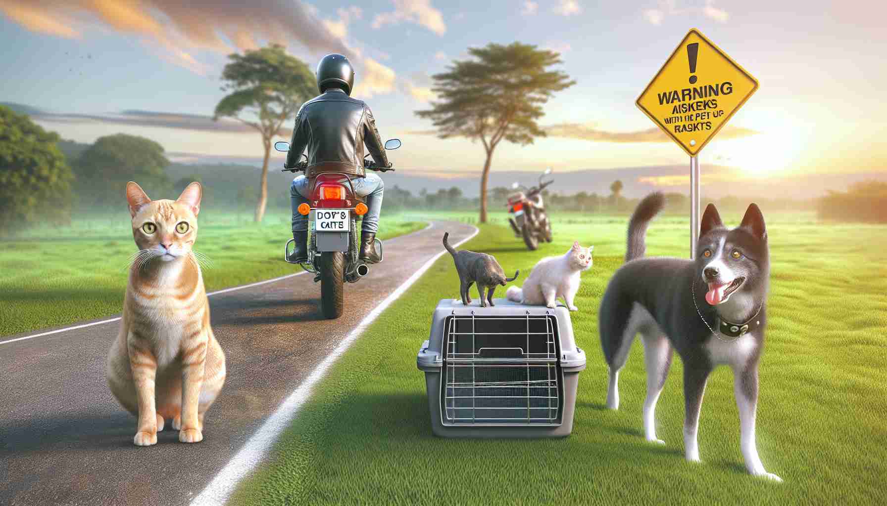 Generate a photo-realistic image in high definition showcasing a scene that articulates the risks of motorcycle travel with pets. Please include a motorcycle in the foreground with a warning signal that represents the risks. Depict in the background a happy and healthy cat and dog walking in a safe environment such as grass field, to indicate the contrast of safety away from motorcycles. Emphasize the potential hazards such as lack of proper safety equipment like a protective pet carrier or safety harness, the difficulty in maintaining balance with a pet on board, and potential distraction to the rider.