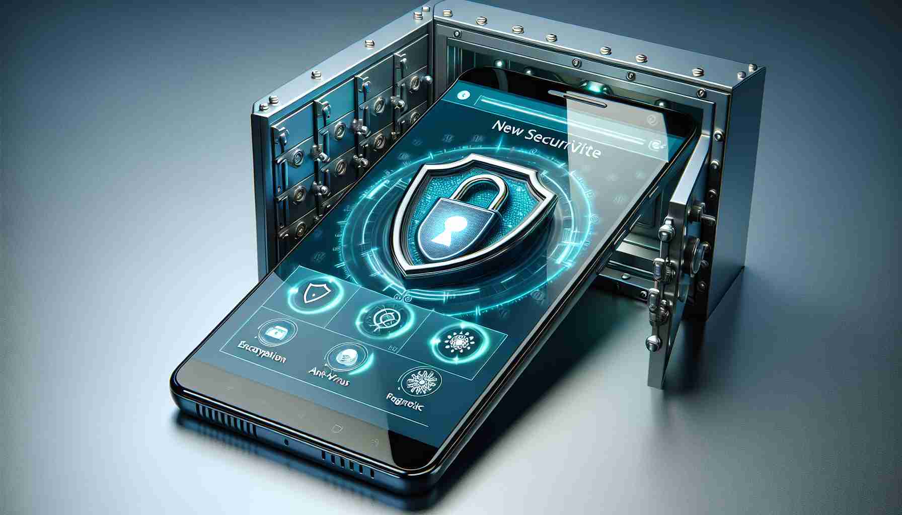 A realistic, high-definition image displaying new security features for Android devices. The focus should be on the device, probably a modern smartphone, with the security features visually represented. Perhaps the phone screen is showing some alluring icons or symbols denoting these specialized features, such as a padlock for encryption, a shield for anti-virus protection, and a fingerprint for biometric authentication. Also, the device should be located in a secure environment suggesting its advanced security, like a vault or strong box. An attempt should be made to use neutral, cold colors like blue and gray to reinforce the idea of security.