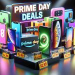 High-definition, realistic image of a variety of smartphones displayed impressively, representing iPhones, Android devices, and other popular makes. They are showcased with gleaming screens, shining edges, and vibrant colors. Price tags are indicating significant price reductions and the words 'Prime Day Deals' are vividly emblazoned in large, attention-grabbing characters on a banner draped across the scene. The words 'You Can't Miss' are boldly typed in an appealing manner to emphasize the irresistible sale.