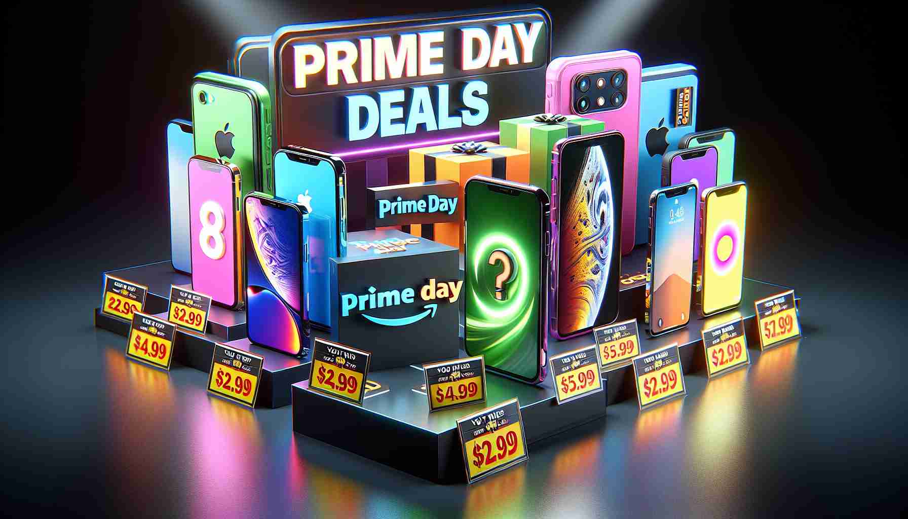 High-definition, realistic image of a variety of smartphones displayed impressively, representing iPhones, Android devices, and other popular makes. They are showcased with gleaming screens, shining edges, and vibrant colors. Price tags are indicating significant price reductions and the words 'Prime Day Deals' are vividly emblazoned in large, attention-grabbing characters on a banner draped across the scene. The words 'You Can't Miss' are boldly typed in an appealing manner to emphasize the irresistible sale.