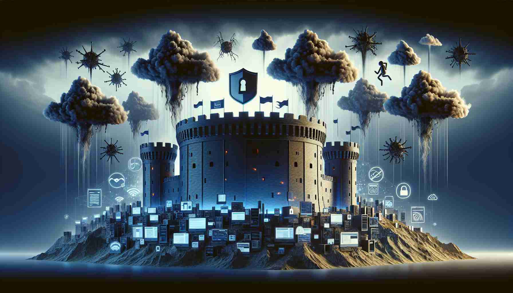 High-definition, realistic illustration of a digital fortress, representing the Internet Archive, standing tall despite various cyber threats. Depict these threats as menacing dark clouds or shadowy figures looming over the fortress. Include visual elements that symbolize common forms of cyber threats like viruses, phishing, and hacking attempts. The overall mood should emphasize resilience and determination in the face of these adversities.