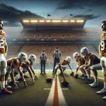 Create a realistic HD image depicting a scenario of Texas Longhorns, who are facing a critical showdown against the lesser-known but surprising rivals. Show two groups of athletes, ready to commence their game. This should represent an intense atmosphere highlighting the criticality of the match. Use a twilight backdrop to signify the seriousness of the game, the athletes focused, the stadium filled with anxious fans, anticipating every move.