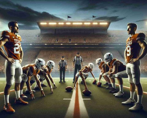 Create a realistic HD image depicting a scenario of Texas Longhorns, who are facing a critical showdown against the lesser-known but surprising rivals. Show two groups of athletes, ready to commence their game. This should represent an intense atmosphere highlighting the criticality of the match. Use a twilight backdrop to signify the seriousness of the game, the athletes focused, the stadium filled with anxious fans, anticipating every move.