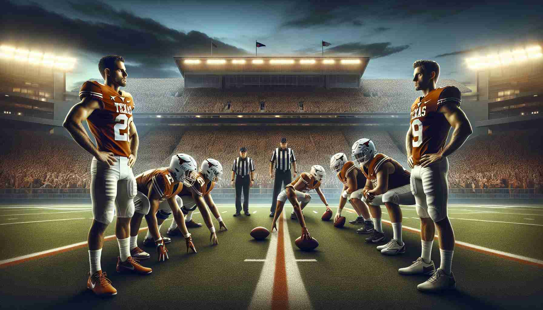 Create a realistic HD image depicting a scenario of Texas Longhorns, who are facing a critical showdown against the lesser-known but surprising rivals. Show two groups of athletes, ready to commence their game. This should represent an intense atmosphere highlighting the criticality of the match. Use a twilight backdrop to signify the seriousness of the game, the athletes focused, the stadium filled with anxious fans, anticipating every move.