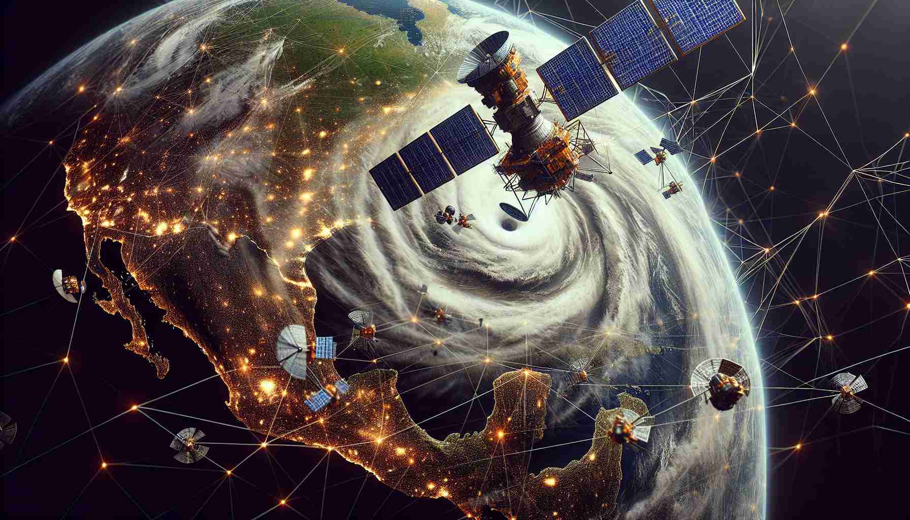 Generate an ultra-realistic, HD image of a visual representation for a theoretical disaster relief proposal involving a network of satellites, akin to the controversial ones often offered by modern technology companies. The image should convey a large number of satellites orbiting Earth, connected in a web-like formation. The Earth should be depicted as in dire need of assistance, perhaps symbolized by strong weather phenomena like hurricanes, floods, or wildfires. This juxtaposition seeks to underline the controversial importance of technologically advanced disaster relief proposals in our modern age.