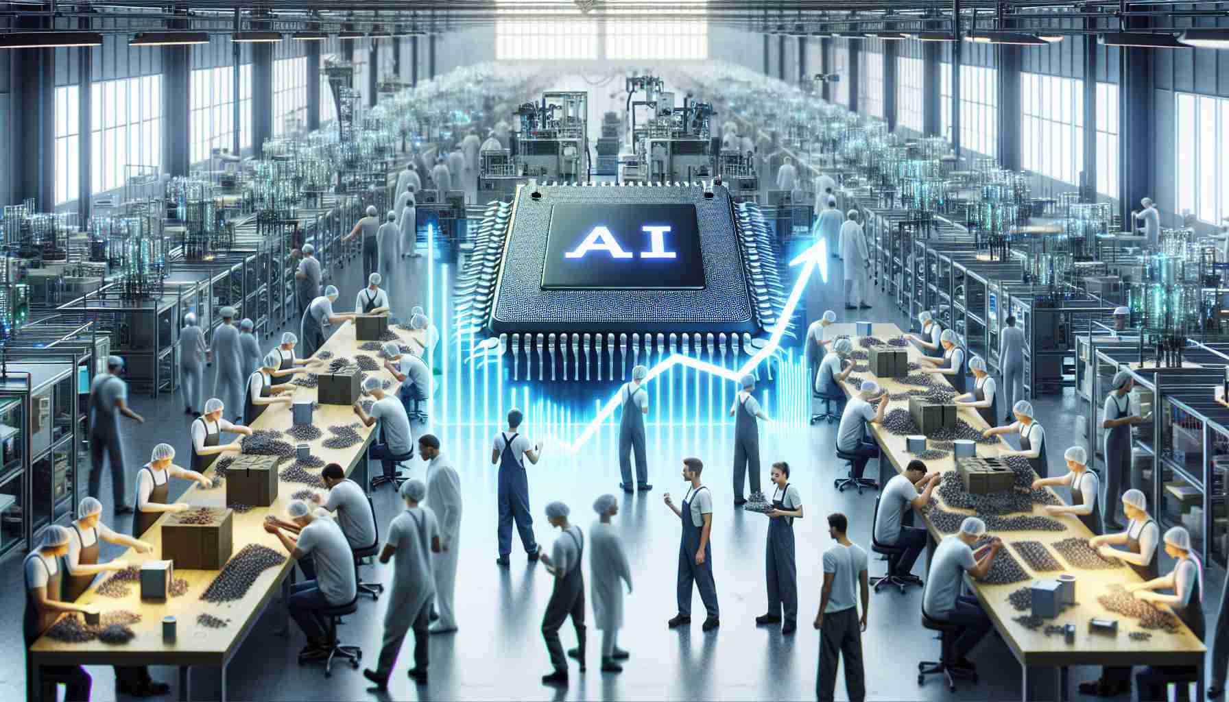 An HD photograph showcasing the strong demand for AI chips powering the growth of the chip industry. The image should depict a factory in high operation, workers busily assembling AI chips. There's a animated chart in the background showing the upward trend of the industry's growth. The chart can be a mix of bars and lines, representing different data points. People in the image should be of various descents like Caucasian, Hispanic, Black, Middle-Eastern, South Asian. Also, depict an equal number of male and female workers for gender balance.